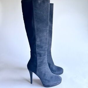 Stuart Weitzman Gray Suede Genuine Leather Black Stretch Textile Knee-High Boots